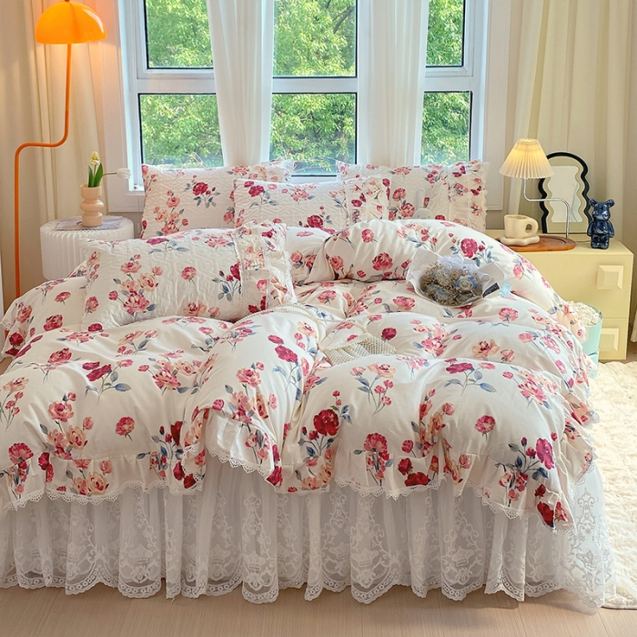 91家纺网 家纺一手货源 找家纺 罗艺轩 2024新款全棉蕾丝夹棉床裙巴黎春天系列四件套 复古花季