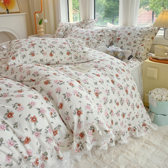 91家纺网 家纺一手货源 找家纺 罗艺轩 2024新款全棉蕾丝夹棉床裙巴黎春天系列四件套 花瓣秘境