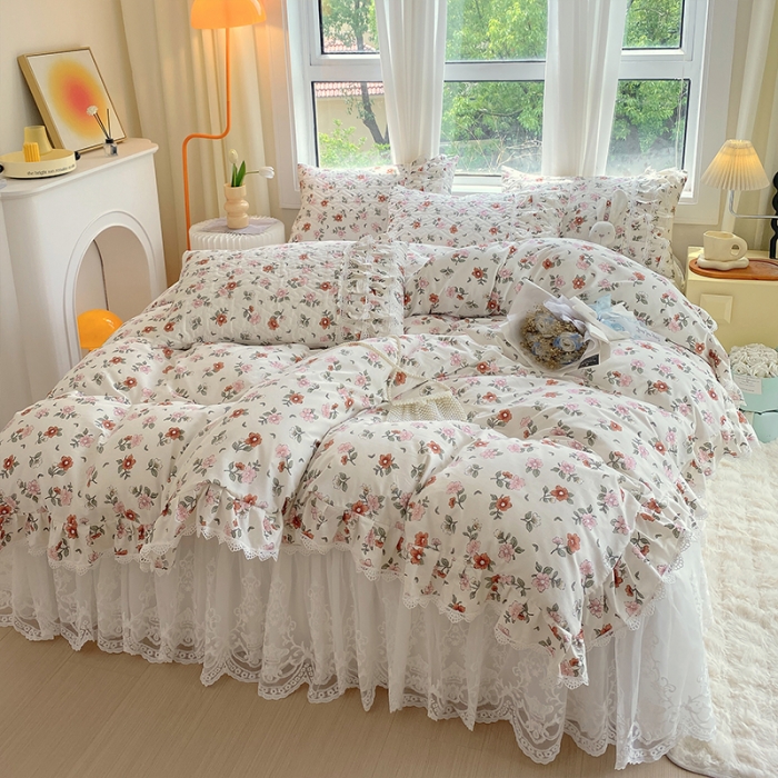 91家纺网 家纺一手货源 找家纺 罗艺轩 2024新款全棉蕾丝夹棉床裙巴黎春天系列四件套 花瓣秘境