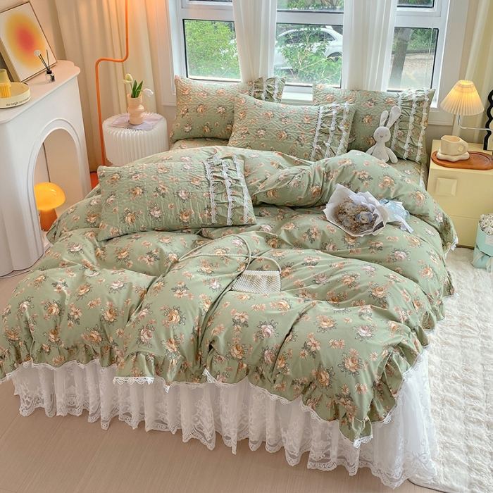 91家纺网 家纺一手货源 找家纺 罗艺轩 2024新款全棉蕾丝夹棉床裙巴黎春天系列四件套 花枝雅韵