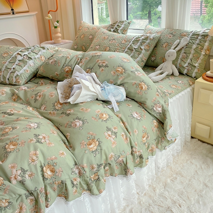 91家纺网 家纺一手货源 找家纺 罗艺轩 2024新款全棉蕾丝夹棉床裙巴黎春天系列四件套 花枝雅韵