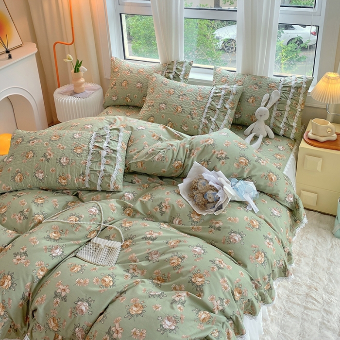 91家纺网 家纺一手货源 找家纺 罗艺轩 2024新款全棉蕾丝夹棉床裙巴黎春天系列四件套 花枝雅韵