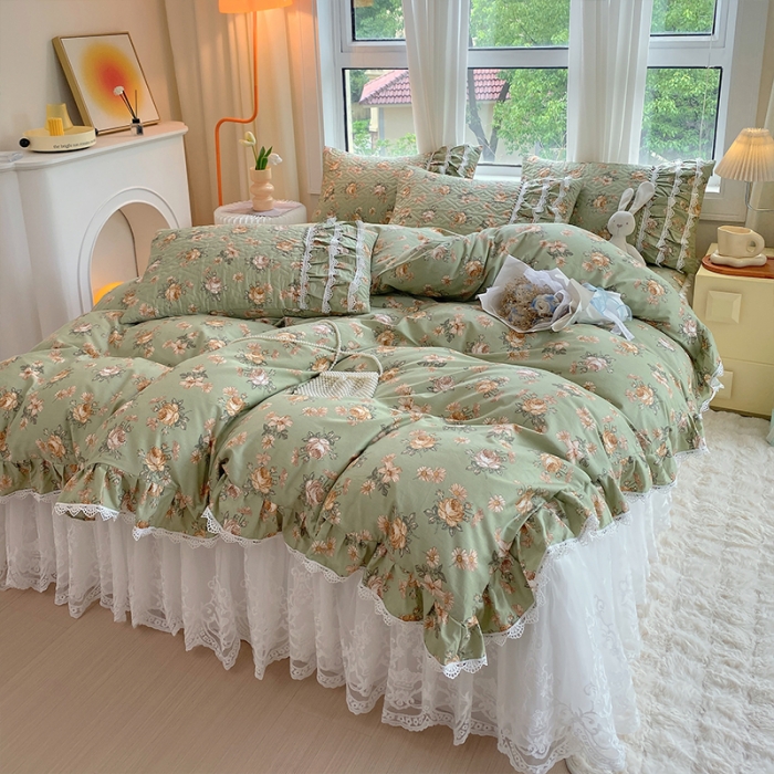 91家纺网 家纺一手货源 找家纺 罗艺轩 2024新款全棉蕾丝夹棉床裙巴黎春天系列四件套 花枝雅韵