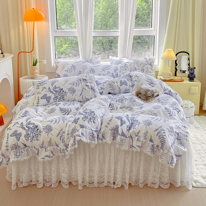 91家纺网 家纺一手货源 找家纺 罗艺轩 2024新款全棉蕾丝夹棉床裙巴黎春天系列四件套 蓝羽