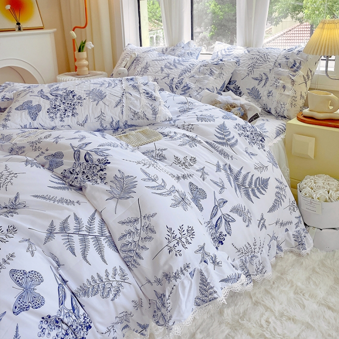 91家纺网 家纺一手货源 找家纺 罗艺轩 2024新款全棉蕾丝夹棉床裙巴黎春天系列四件套 蓝羽