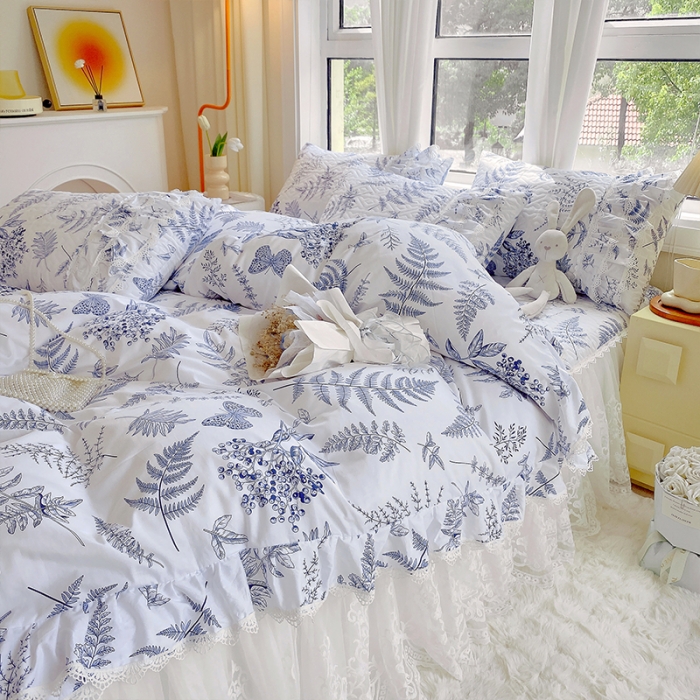 91家纺网 家纺一手货源 找家纺 罗艺轩 2024新款全棉蕾丝夹棉床裙巴黎春天系列四件套 蓝羽