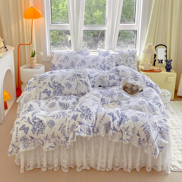 91家纺网 家纺一手货源 找家纺 罗艺轩 2024新款全棉蕾丝夹棉床裙巴黎春天系列四件套 蓝羽