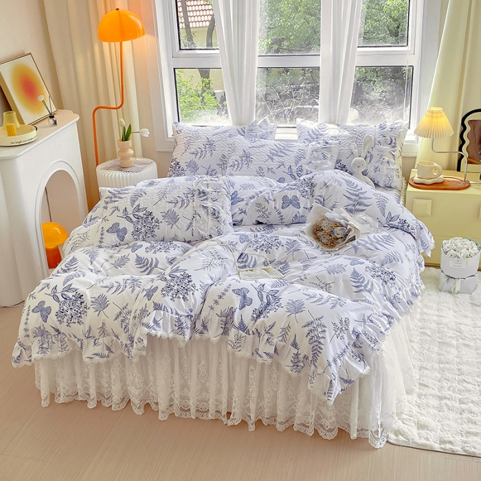 91家纺网 家纺一手货源 找家纺 罗艺轩 2024新款全棉蕾丝夹棉床裙巴黎春天系列四件套 蓝羽