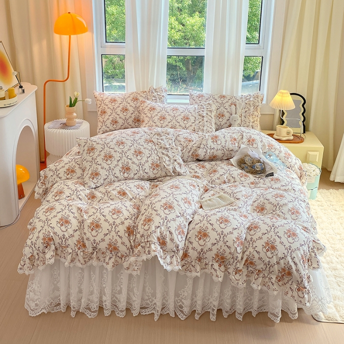 91家纺网 家纺一手货源 找家纺 罗艺轩 2024新款全棉蕾丝夹棉床裙巴黎春天系列四件套 赛娅