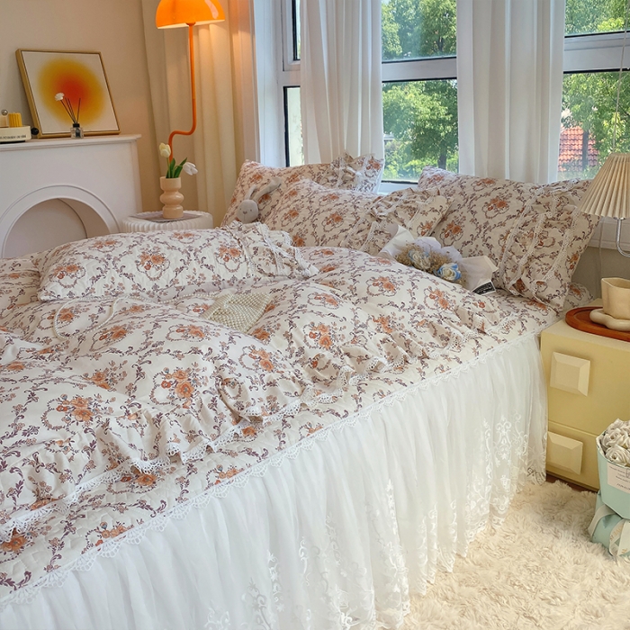 91家纺网 家纺一手货源 找家纺 （总）罗艺轩 2024新款全棉蕾丝夹棉床裙巴黎春天系列三件套