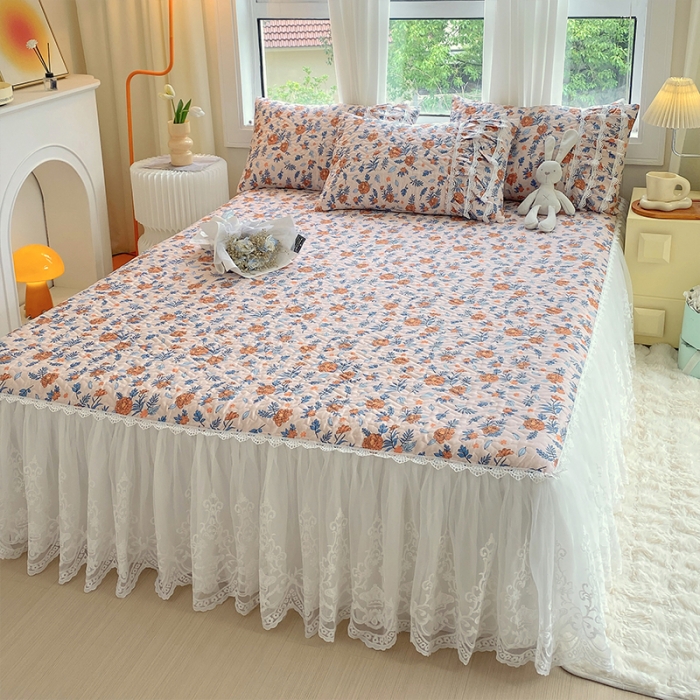 91家纺网 家纺一手货源 找家纺 罗艺轩 2024新款全棉蕾丝夹棉床裙巴黎春天系列三件套 丹尼斯