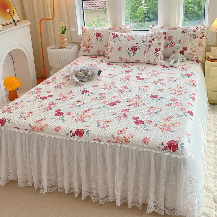 91家纺网 家纺一手货源 找家纺 罗艺轩 2024新款全棉蕾丝夹棉床裙巴黎春天系列三件套 复古花季