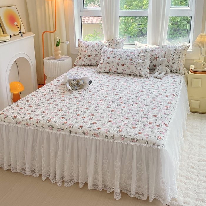 91家纺网 家纺一手货源 找家纺 罗艺轩 2024新款全棉蕾丝夹棉床裙巴黎春天系列三件套 花瓣秘境