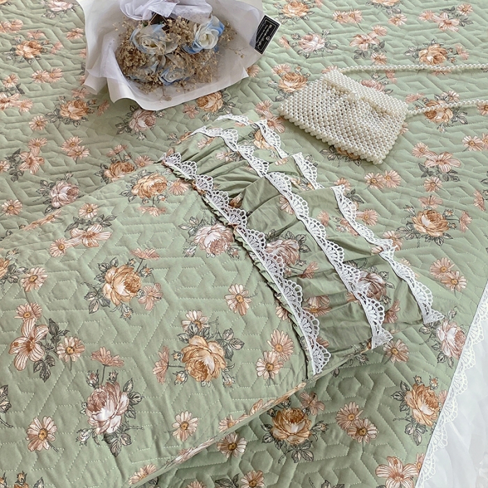 91家纺网 家纺一手货源 找家纺 罗艺轩 2024新款全棉蕾丝夹棉床裙巴黎春天系列三件套 花枝雅韵