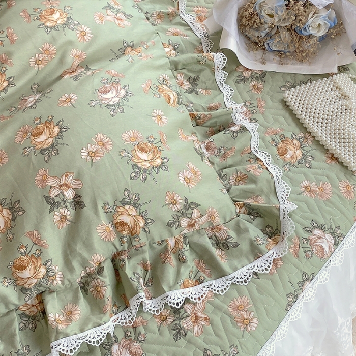 91家纺网 家纺一手货源 找家纺 罗艺轩 2024新款全棉蕾丝夹棉床裙巴黎春天系列三件套 花枝雅韵