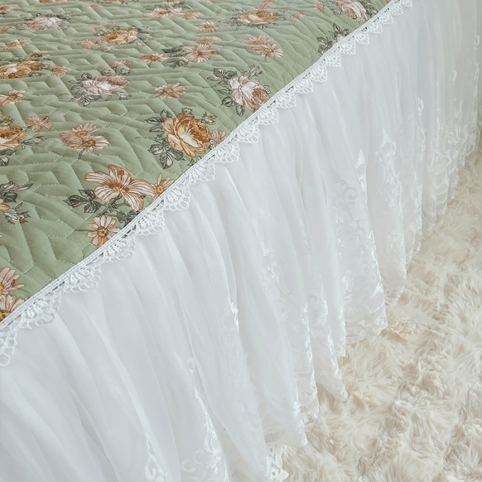 91家纺网 家纺一手货源 找家纺 罗艺轩 2024新款全棉蕾丝夹棉床裙巴黎春天系列三件套 花枝雅韵