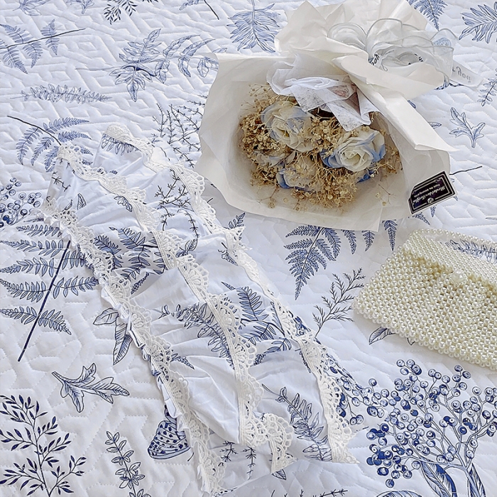 91家纺网 家纺一手货源 找家纺 罗艺轩 2024新款全棉蕾丝夹棉床裙巴黎春天系列三件套 蓝羽