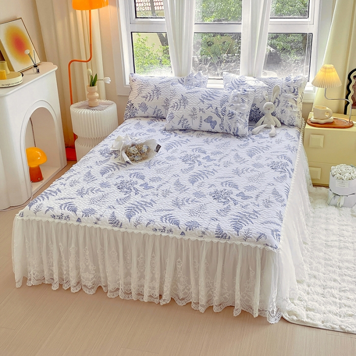 91家纺网 家纺一手货源 找家纺 罗艺轩 2024新款全棉蕾丝夹棉床裙巴黎春天系列三件套 蓝羽