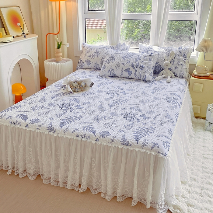 91家纺网 家纺一手货源 找家纺 罗艺轩 2024新款全棉蕾丝夹棉床裙巴黎春天系列三件套 蓝羽