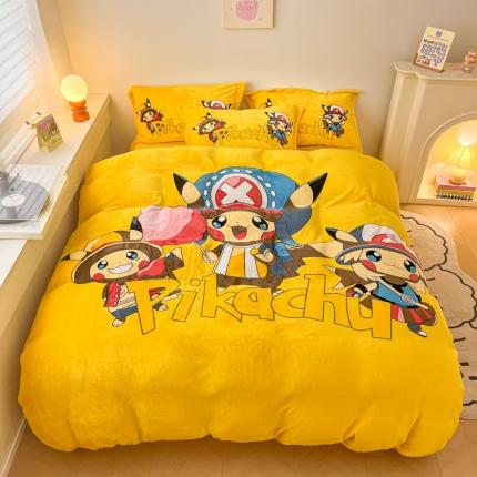 91家纺网 家纺一手货源 找家纺 人人爱家纺 2025新款卡通大版水晶绒法莱绒四件套 精灵皮卡