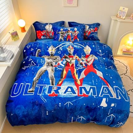 91家纺网 家纺一手货源 找家纺 人人爱家纺 2025新款卡通大版水晶绒法莱绒四件套 赛罗战队