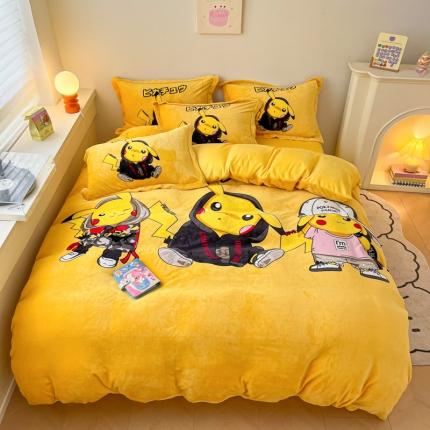 91家纺网 家纺一手货源 找家纺 人人爱家纺 2025新款卡通大版水晶绒法莱绒四件套 顽皮皮卡