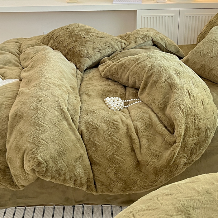 91家纺网 家纺一手货源 找家纺 澳梵 2023新款立体压花兔兔绒牛奶绒四件套 波浪-橄榄绿