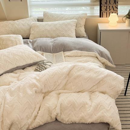 澳梵 2023新款立体压花兔兔绒牛奶绒四件套 波浪-灰白