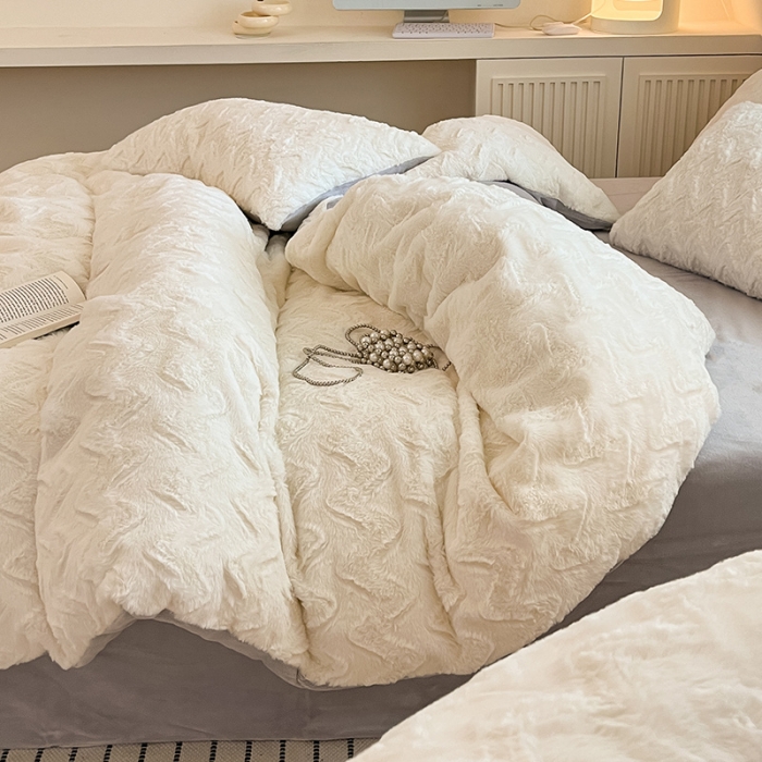 91家纺网 家纺一手货源 找家纺 澳梵 2023新款立体压花兔兔绒牛奶绒四件套 波浪-灰白