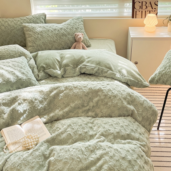 91家纺网 家纺一手货源 找家纺 澳梵 2023新款立体压花兔兔绒牛奶绒四件套 玫瑰-豆绿