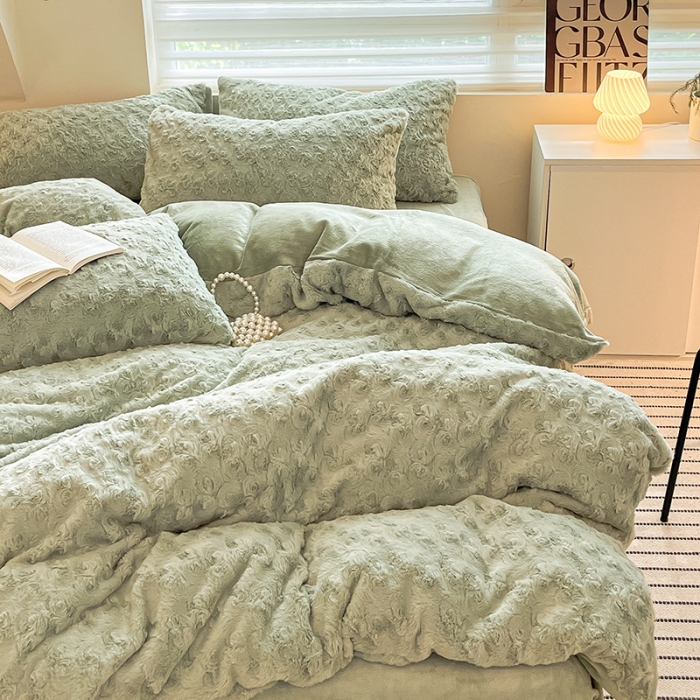 91家纺网 家纺一手货源 找家纺 澳梵 2023新款立体压花兔兔绒牛奶绒四件套 玫瑰-豆绿