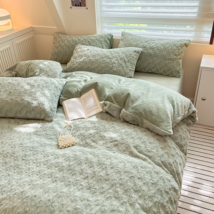 91家纺网 家纺一手货源 找家纺 澳梵 2023新款立体压花兔兔绒牛奶绒四件套 玫瑰-豆绿