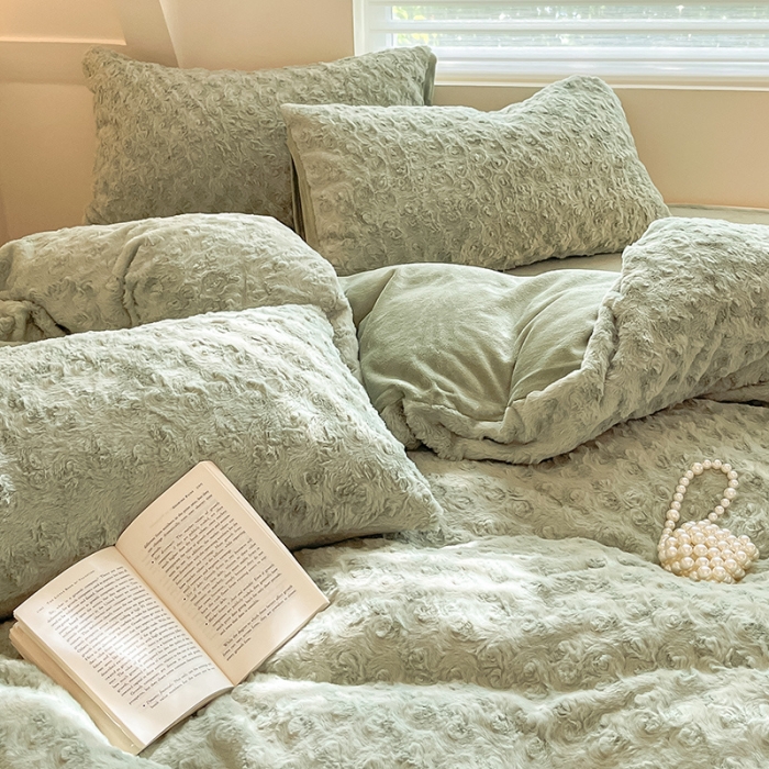 91家纺网 家纺一手货源 找家纺 澳梵 2023新款立体压花兔兔绒牛奶绒四件套 玫瑰-豆绿