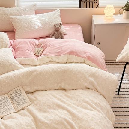 澳梵 2023新款立体压花兔兔绒牛奶绒四件套 玫瑰-粉白