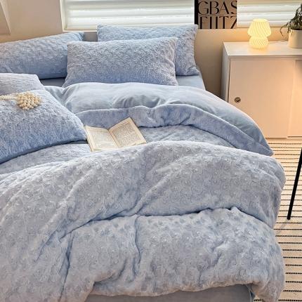 澳梵 2023新款立体压花兔兔绒牛奶绒四件套 玫瑰-天蓝