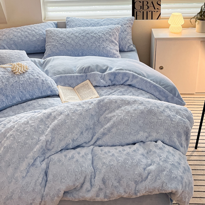 91家纺网 家纺一手货源 找家纺 澳梵 2023新款立体压花兔兔绒牛奶绒四件套 玫瑰-天蓝