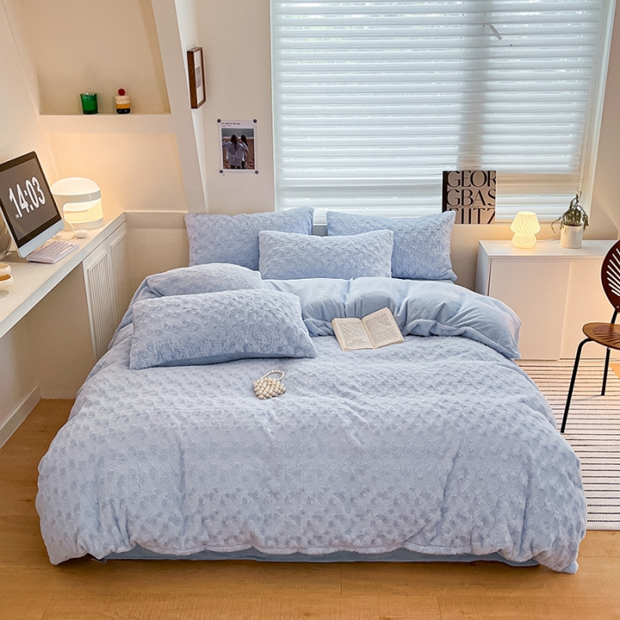 91家纺网 家纺一手货源 找家纺 澳梵 2023新款立体压花兔兔绒牛奶绒四件套 玫瑰-天蓝