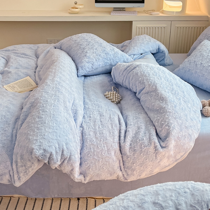 91家纺网 家纺一手货源 找家纺 澳梵 2023新款立体压花兔兔绒牛奶绒四件套 玫瑰-天蓝