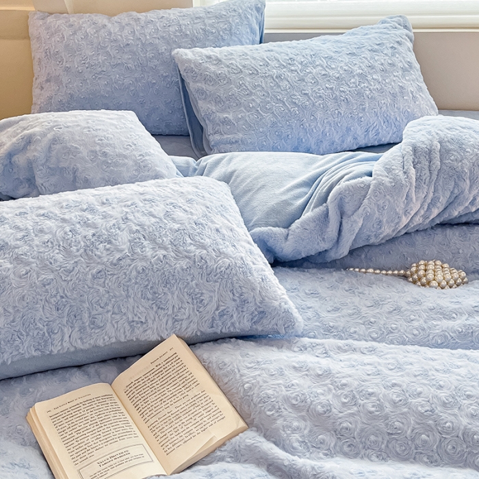 91家纺网 家纺一手货源 找家纺 澳梵 2023新款立体压花兔兔绒牛奶绒四件套 玫瑰-天蓝