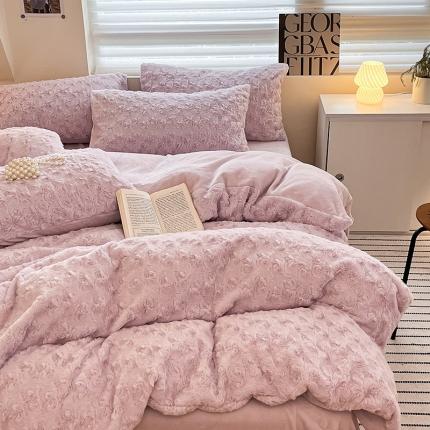 澳梵 2023新款立体压花兔兔绒牛奶绒四件套 玫瑰-紫