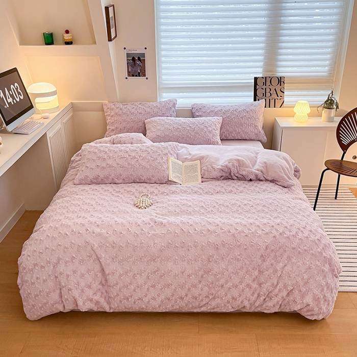 91家纺网 家纺一手货源 找家纺 澳梵 2023新款立体压花兔兔绒牛奶绒四件套 玫瑰-紫