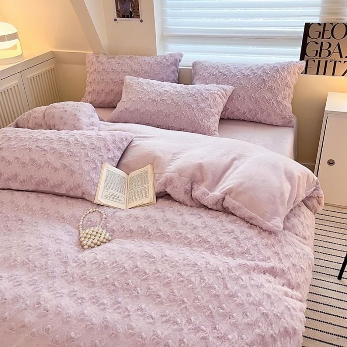 91家纺网 家纺一手货源 找家纺 澳梵 2023新款立体压花兔兔绒牛奶绒四件套 玫瑰-紫