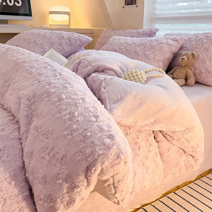 91家纺网 家纺一手货源 找家纺 澳梵 2023新款立体压花兔兔绒牛奶绒四件套 玫瑰-紫