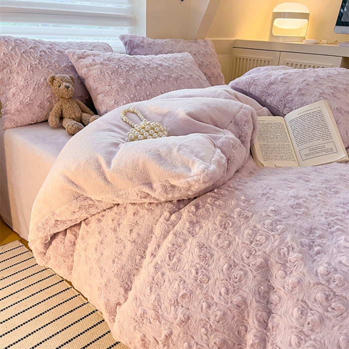 91家纺网 家纺一手货源 找家纺 澳梵 2023新款立体压花兔兔绒牛奶绒四件套 玫瑰-紫
