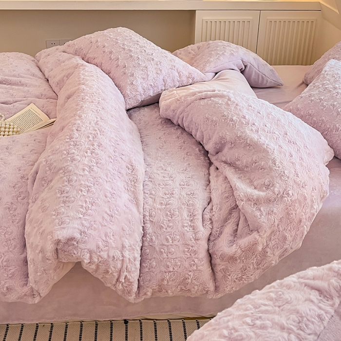 91家纺网 家纺一手货源 找家纺 澳梵 2023新款立体压花兔兔绒牛奶绒四件套 玫瑰-紫