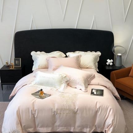 91家纺网 家纺一手货源 找家纺 馨蕊家居 2023新款100支全棉刺绣四件套-玛利娅 玛丽娅-初夏粉