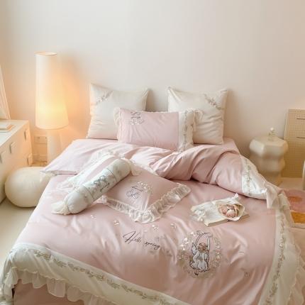 91家纺网 家纺一手货源 找家纺 馨蕊家居 2023新款100支全棉刺绣四件套-艾莎公主 艾莎公主-初夏粉