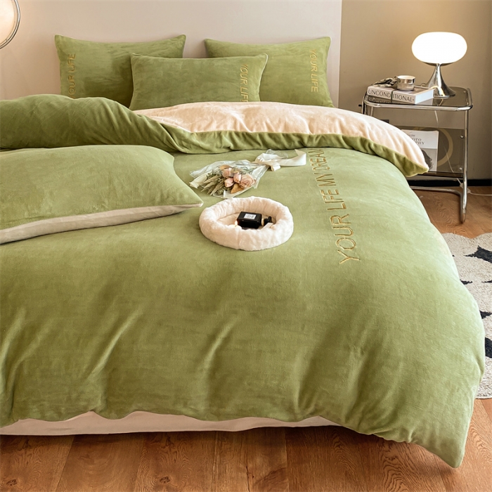 91家纺网 家纺一手货源 找家纺 义博 2025新款牛奶绒刺绣四件套-浪漫系列 浪漫-抹茶绿