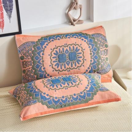 91家纺网 家纺一手货源 找家纺 朴尔 2023年民族风彩棉系列四层纱布枕巾 大丽花橘