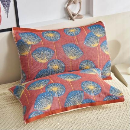 91家纺网 家纺一手货源 找家纺 朴尔 2023年民族风彩棉系列四层纱布枕巾 梦幻蒲公英红